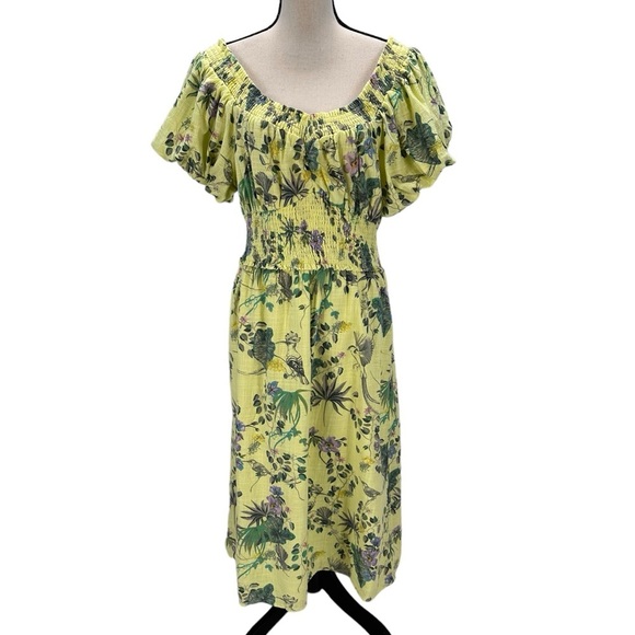 INC Short Off Shoulder Sleeve Floral Print Midi Dress - Yellow Green - size XL - Picture 1 of 10
